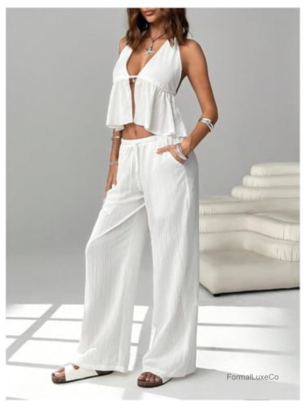 Women's 2 Piece Outfits Halter Tops Wide Leg Pants Sets Sleeveless Deep V Neck - Picture 3 of 5